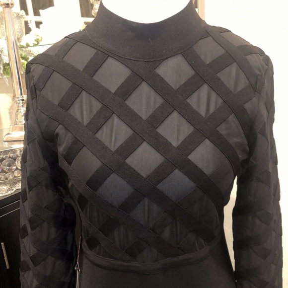 BEBE Mesh Criss Cross Mock Black Bodycon Dress - Picture 5 of 6